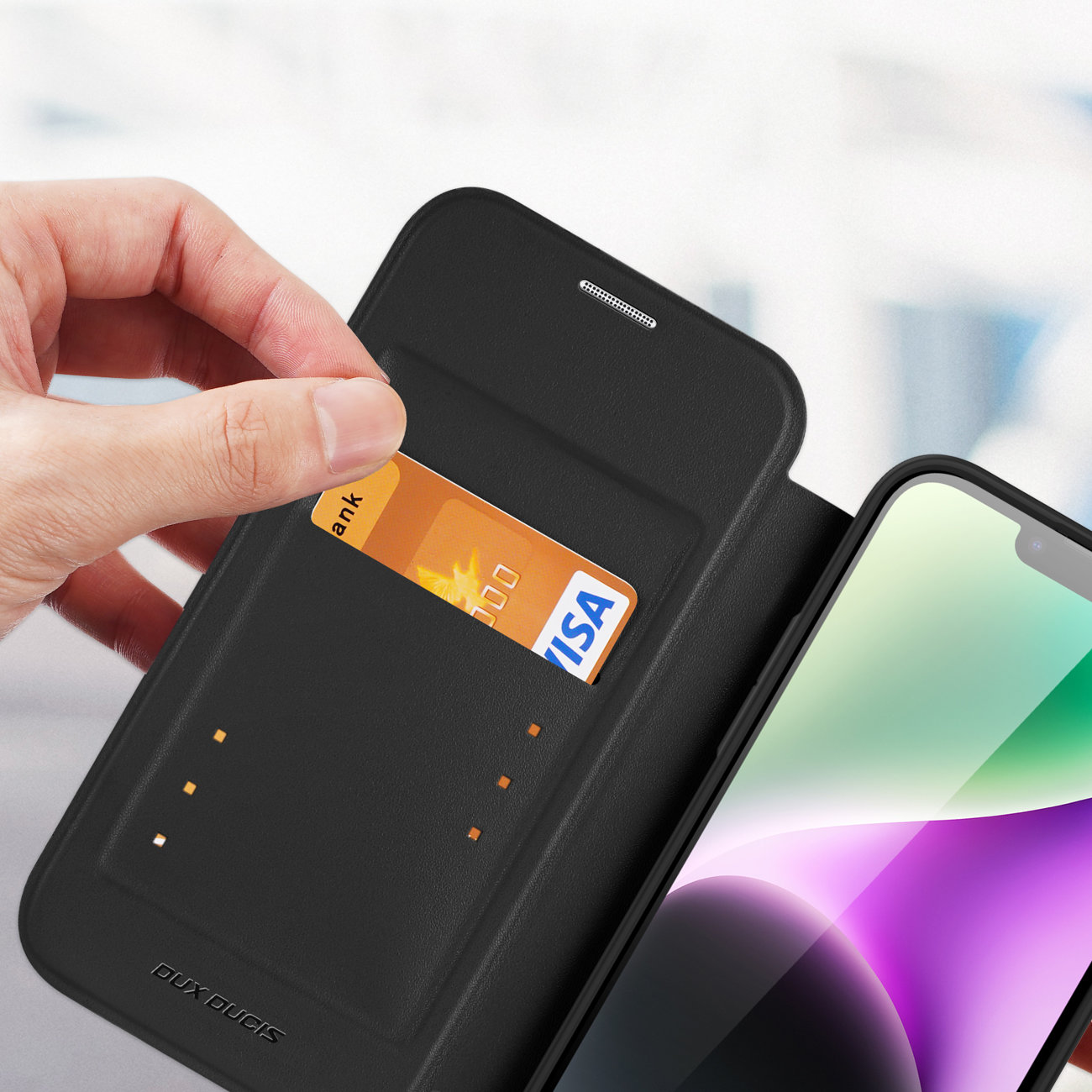 Etui do iPhone 14 Pro zamykane książka z Magsafe, przeźroczysty tył, czarne