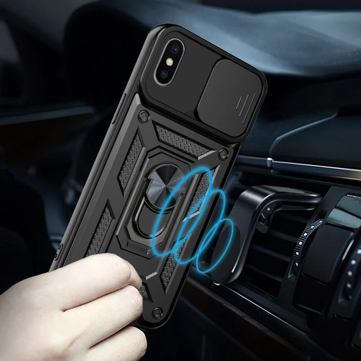 Etui do iPhone XR pancerne z magnetycznym uchwytem, osłona kamery, czarny