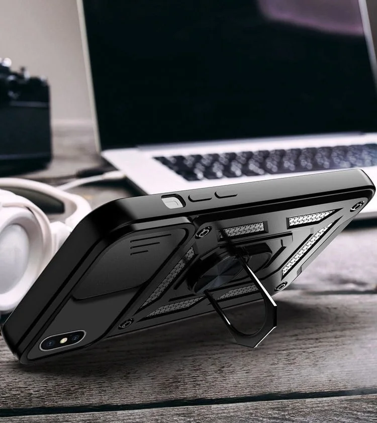 Etui do iPhone XR pancerne z magnetycznym uchwytem, osłona kamery, czarny