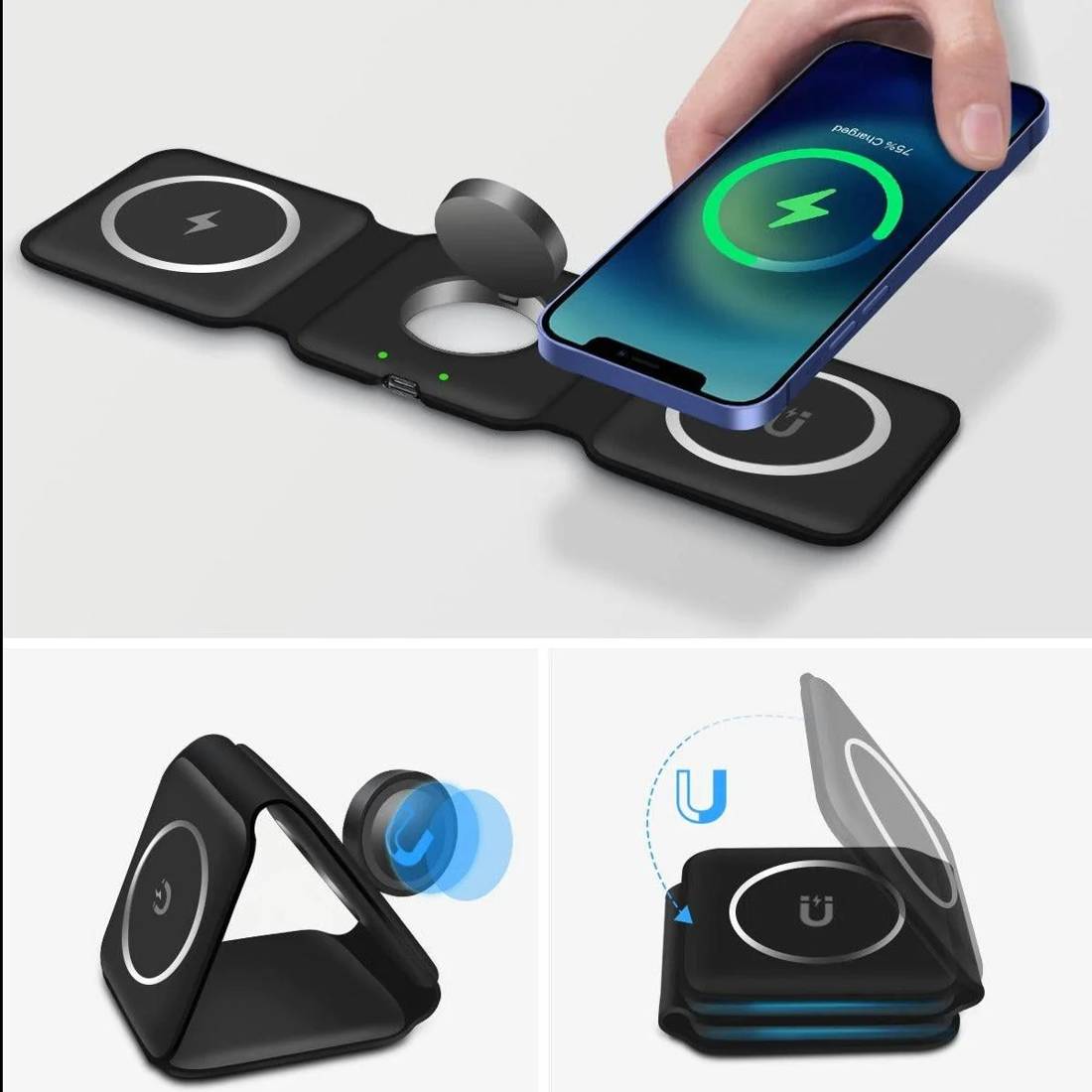 Ładowarka bezprzewodowa indukcyjna 3w1 – 15W iPhone, Apple Watch, AirPods, czarna