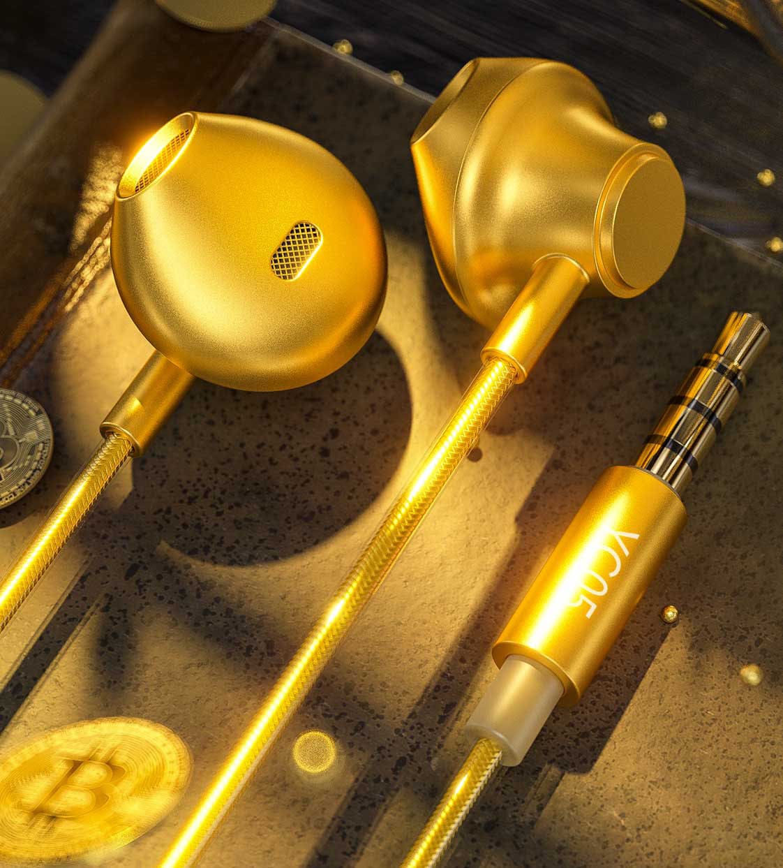 Słuchawki dokanałowe piękne złote przewodowe złącze 3,5 mm mini jack