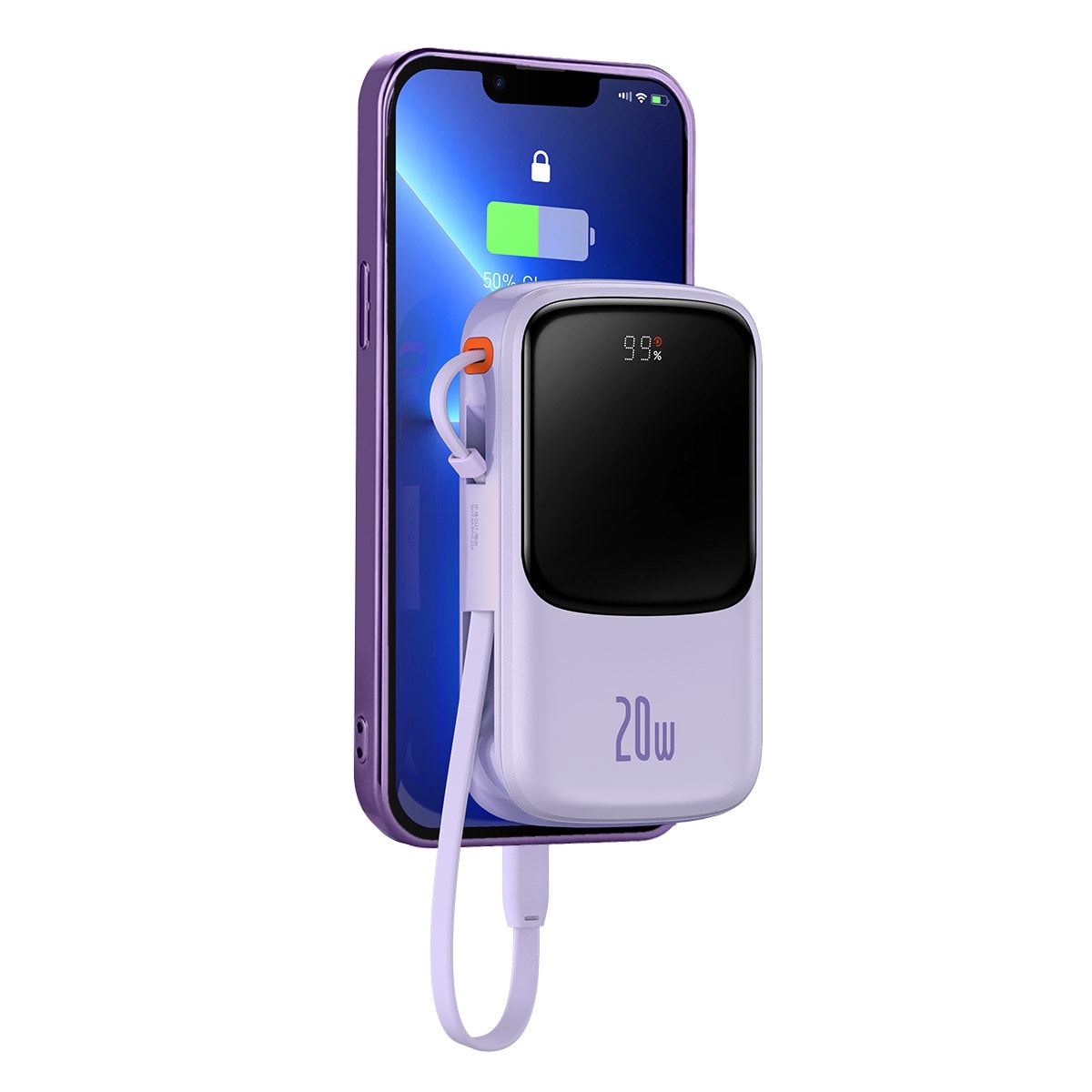 Power bank 10000 mAh wbudowany kabel Lightning 20W wyświetlacz LED, fioletowy