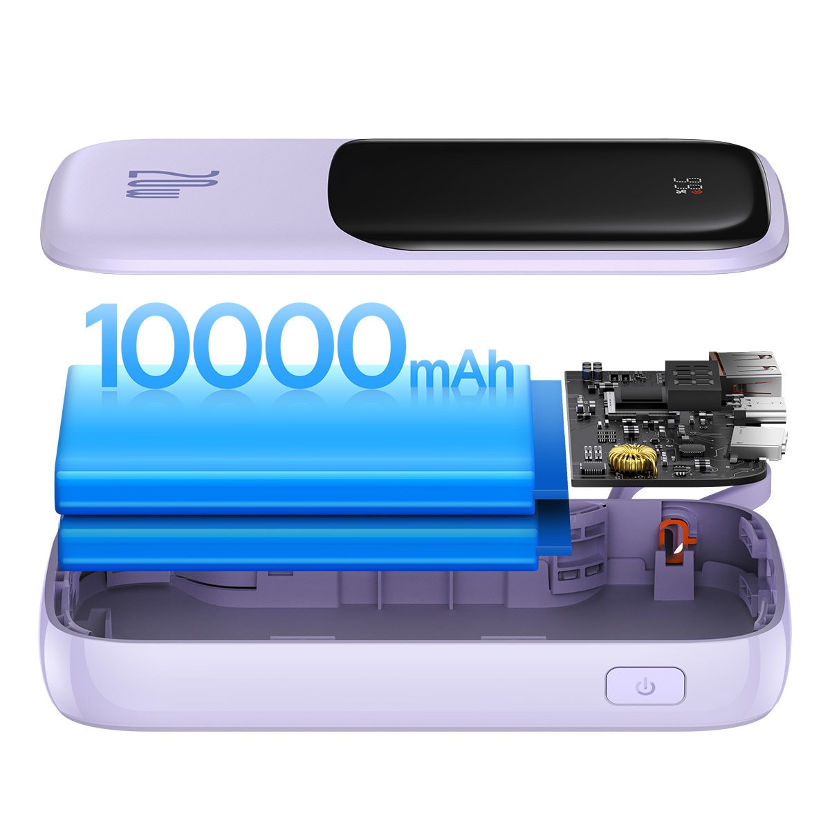 Power bank 10000 mAh wbudowany kabel Lightning 20W wyświetlacz LED, fioletowy