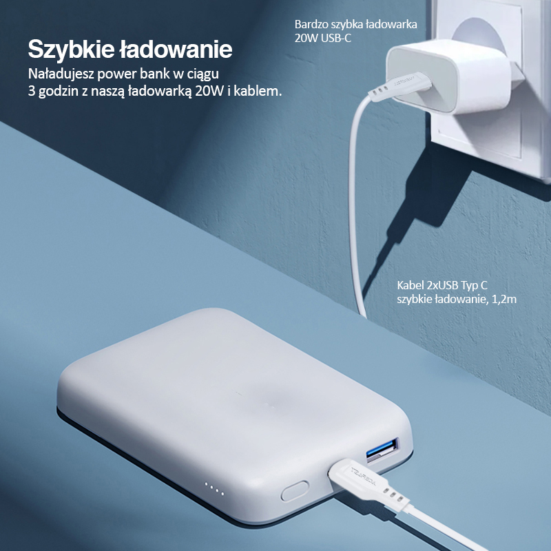 Power bank akumulator MagSafe 10000mAh, bezprzewodowe ładowanie, biały