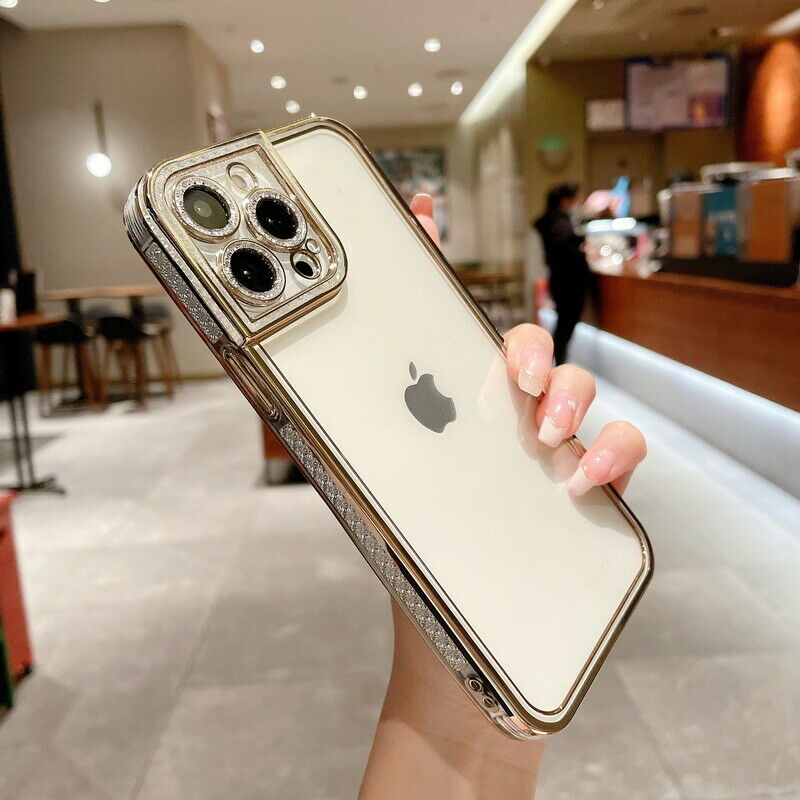 Etui do iPhone 14 Pro Max kryształowa struktura, osłona na aparat, przeźroczyste ze złotą ramką (OUTLET)