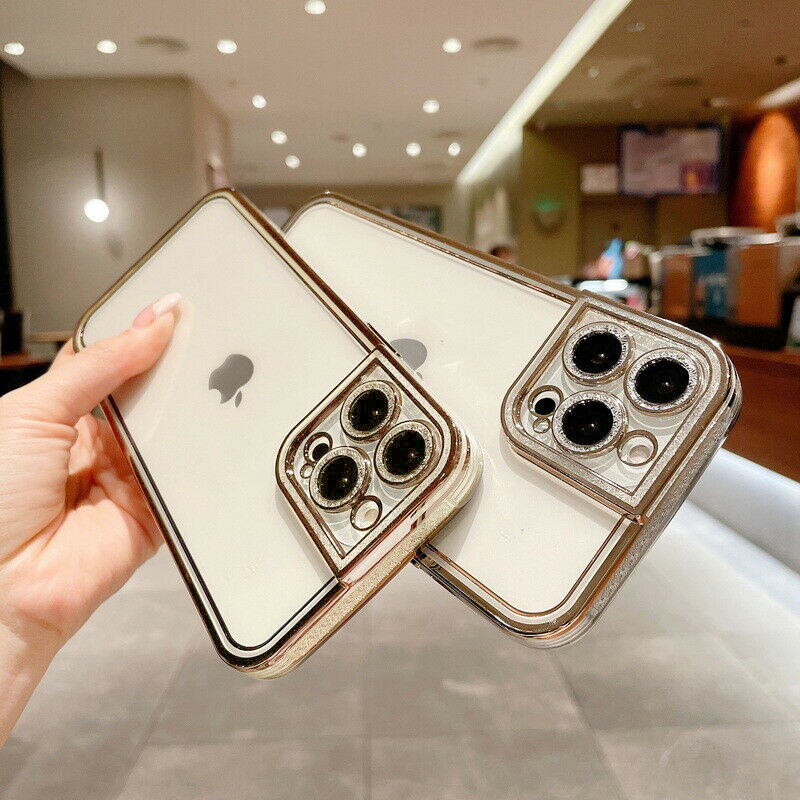 Etui do iPhone 14 Pro Max kryształowa struktura, osłona na aparat, przeźroczyste ze złotą ramką (OUTLET)