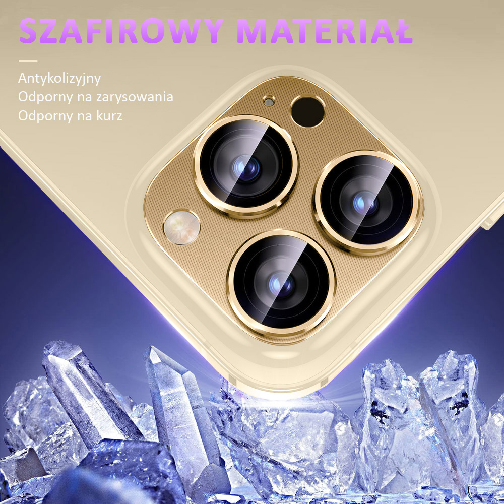 iPhone 14 Pro Max metalowa osłona na cały aparat, wbudowane szkła 9H, złota