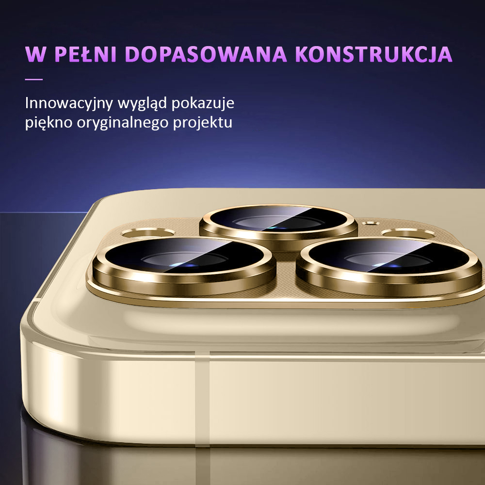 iPhone 14 Pro Max metalowa osłona na cały aparat, wbudowane szkła 9H, złota