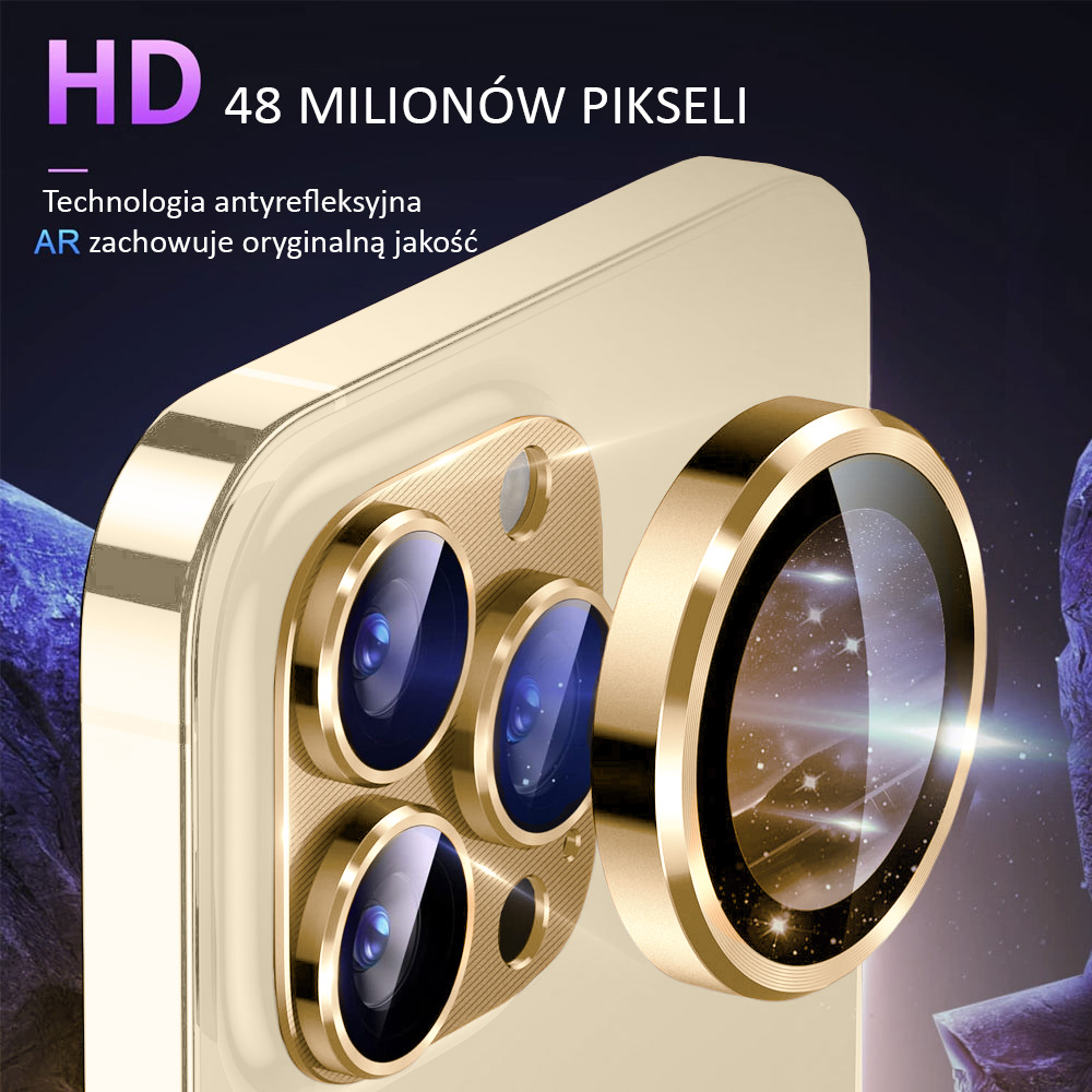 iPhone 14 Pro Max metalowa osłona na cały aparat, wbudowane szkła 9H, złota