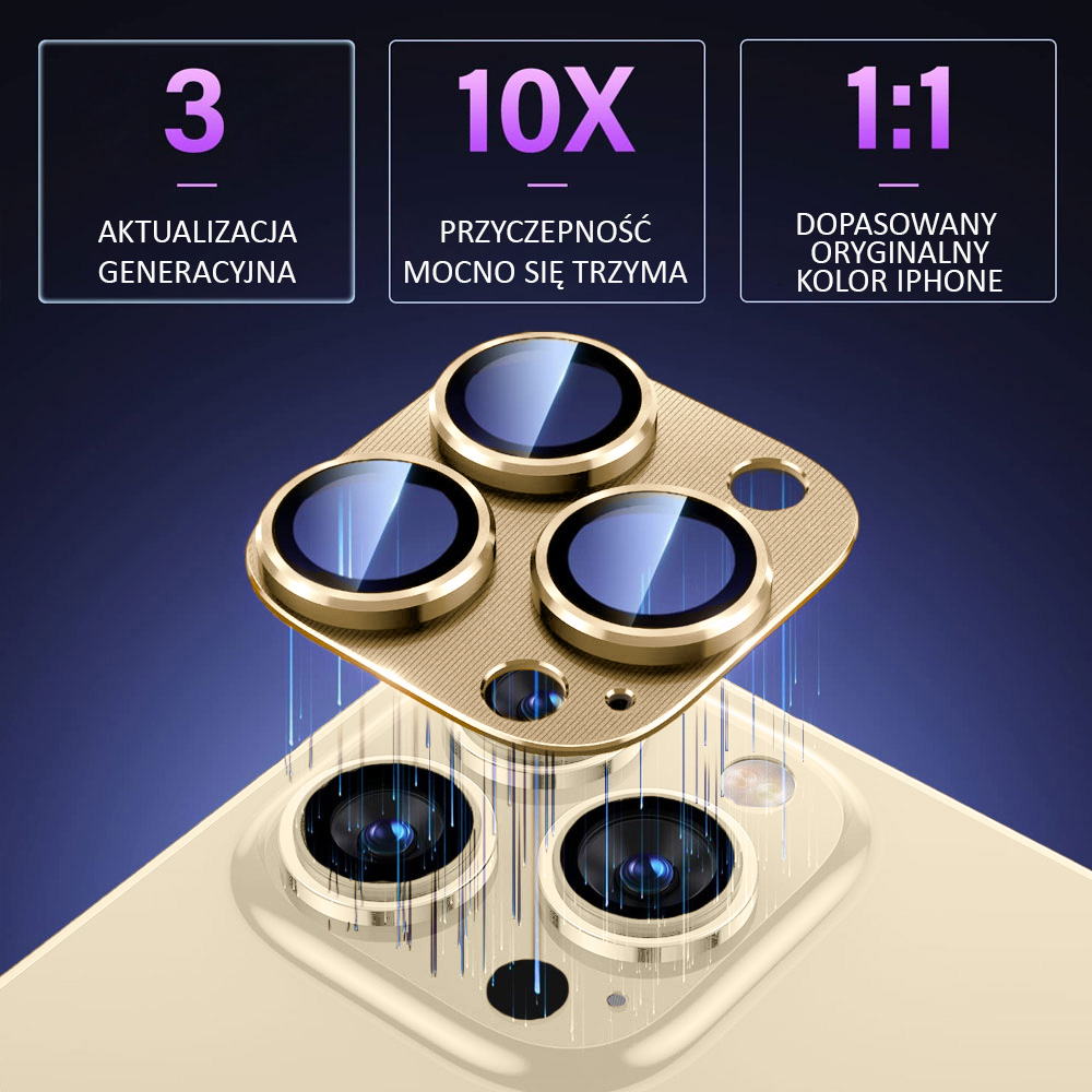 iPhone 14 Pro Max metalowa osłona na cały aparat, wbudowane szkła 9H, złota