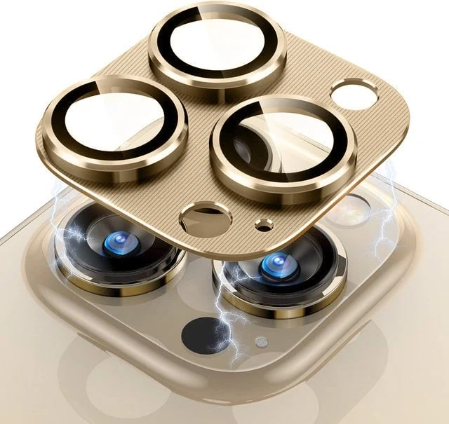 iPhone 14 Pro Max metalowa osłona na cały aparat, wbudowane szkła 9H, złota