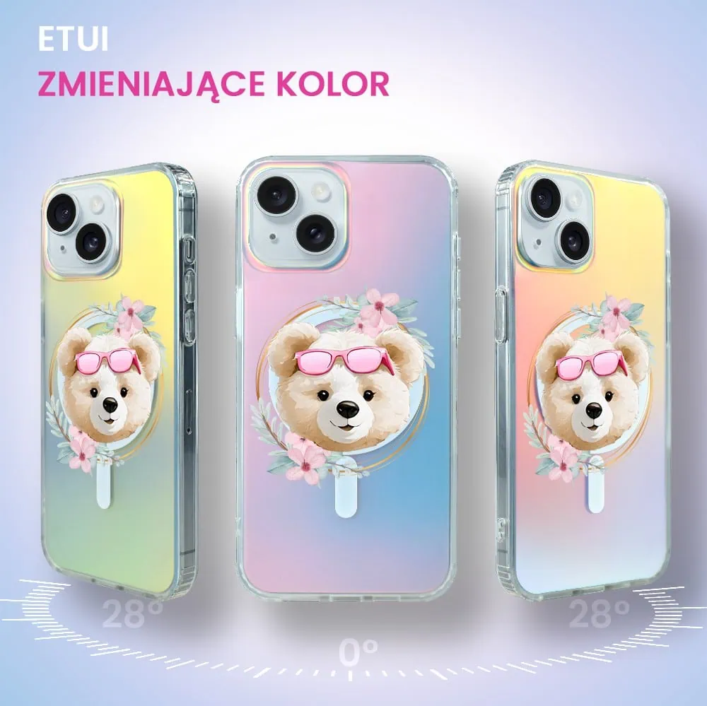 Etui do iPhone 15 Plus MagSafe Bear with Me, Flower Queen, miś z kwiatami, zmieniające kolor