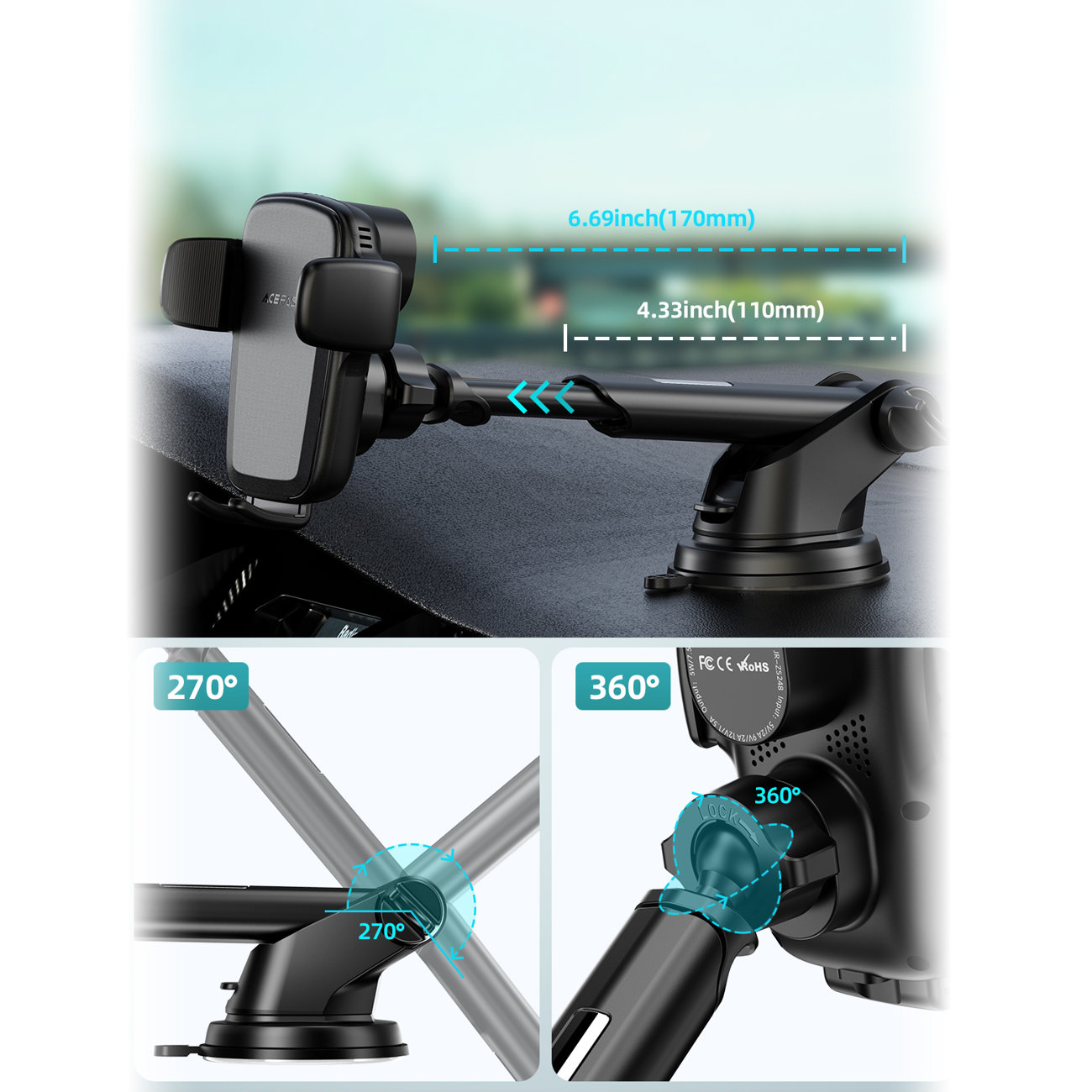 Uchwyt ładujący 3w1, szybkie 15W, automatyczne zamykanie, na szybkę, kokpit i do kratki