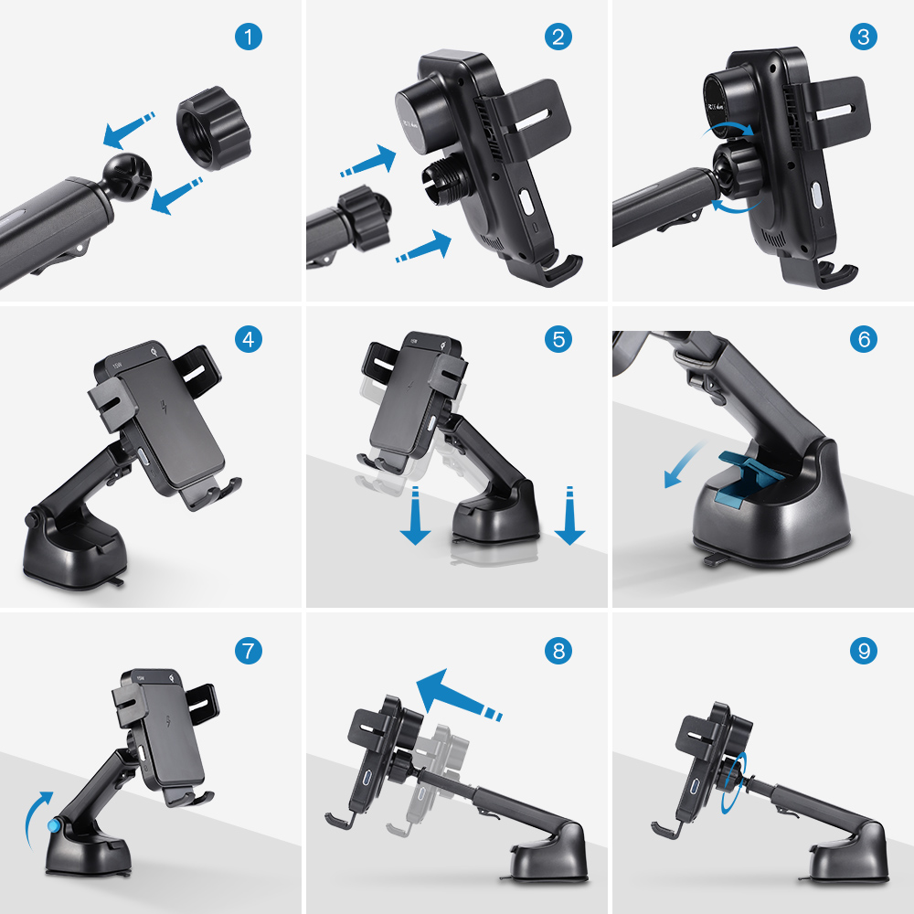 Uchwyt ładujacy 2w1, szybkie ładowanie bezprzewodowe 15W, do mocowania na szybę i do kratki wentylacyjnej