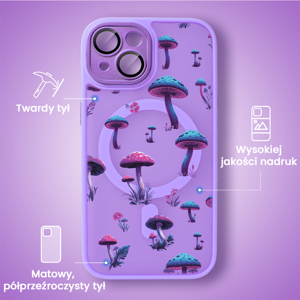 Etui do iPhone 15 Plus Color Flush z Magsafe, z osłoną aparatu, z nadrukiem magiczne grzybki, fioletowe