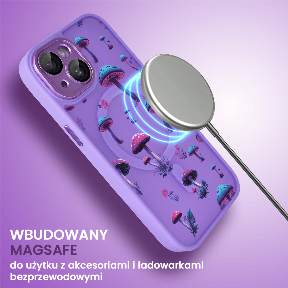 Etui do iPhone 15 Plus Color Flush z Magsafe, z osłoną aparatu, z nadrukiem magiczne grzybki, fioletowe