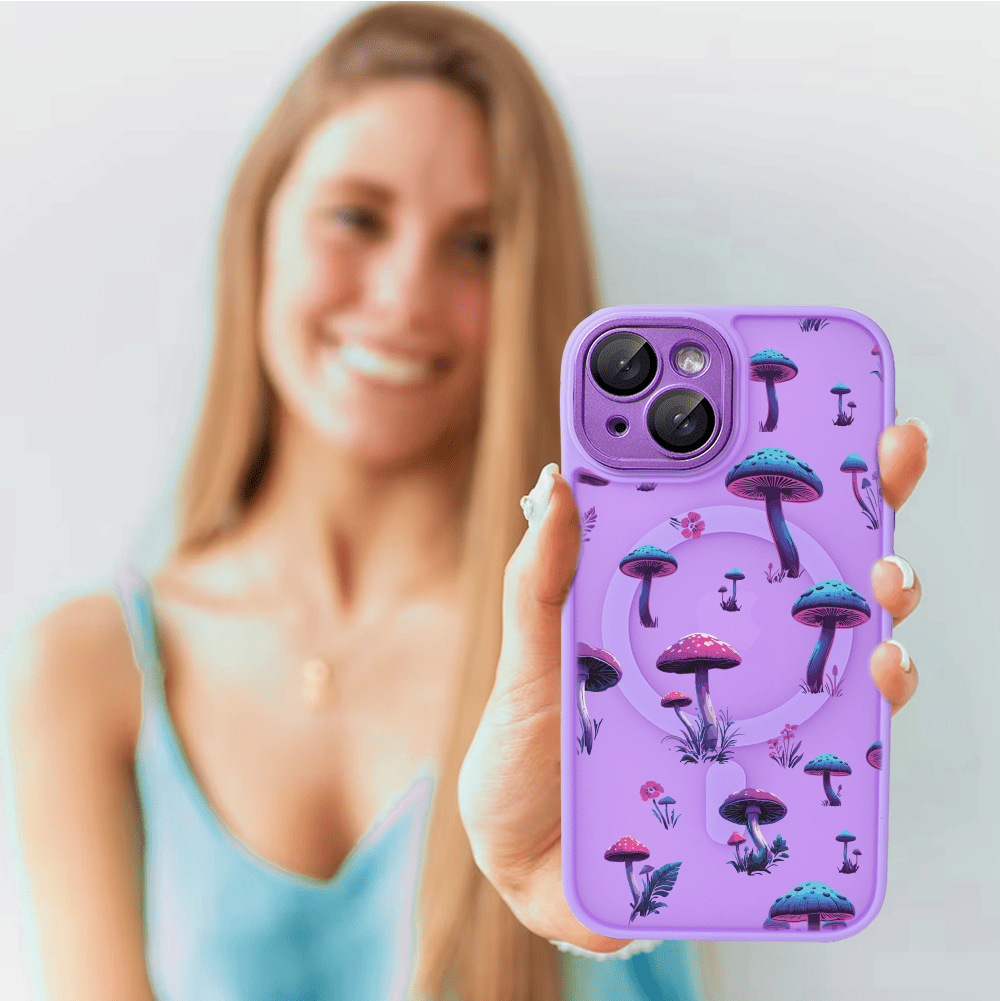 Etui do iPhone 15 Plus Color Flush z Magsafe, z osłoną aparatu, z nadrukiem magiczne grzybki, fioletowe