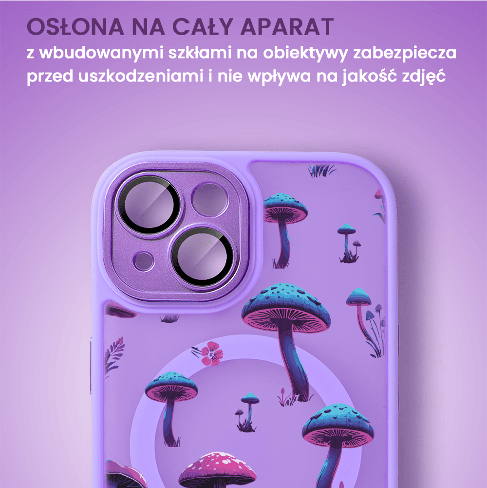 Etui do iPhone 14 Color Flush z Magsafe, z osłoną aparatu, z nadrukiem magiczne grzybki, fioletowe