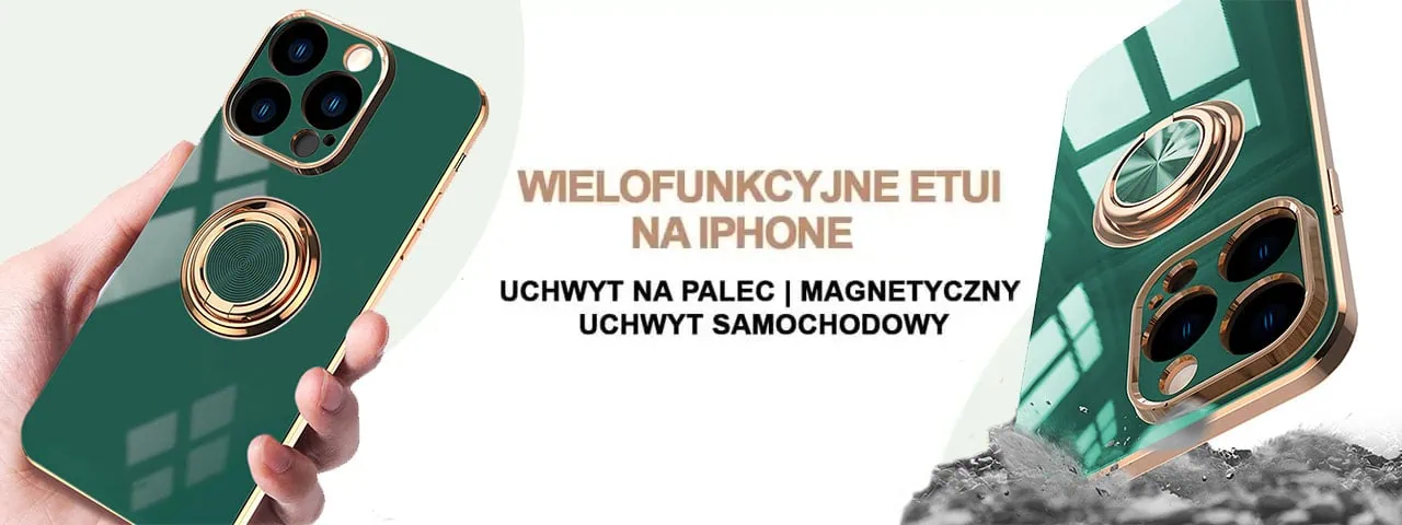 Etui do iPhone 14 Pro Max eleganckie, ze złotym, metalowym uchwytem i zdobieniami, osłona na aparat, zielone