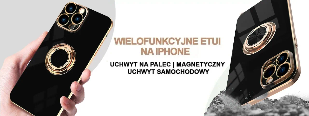 Etui do iPhone 13 Pro Max eleganckie, ze złotym, metalowym uchwytem i zdobieniami, osłona na aparat, czarne (OUTLET)