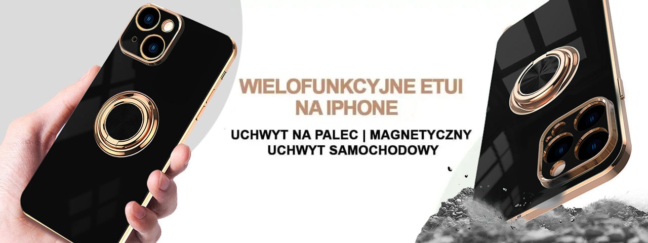 Etui do iPhone 14 eleganckie, ze złotym, metalowym uchwytem i zdobieniami, osłona na aparat, czarne