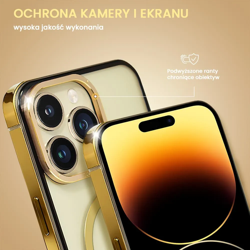 etui do iphone 14 pro, ibizu elite skin cam ring, krystalicznie czyste z metalową ramką, złote z magsafe