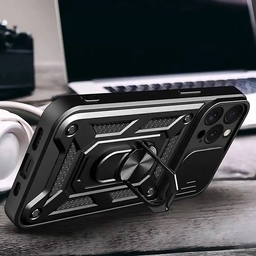 etui do iphone 14 pro max pancerne z magnetycznym uchwytem, osłona kamery, czarne