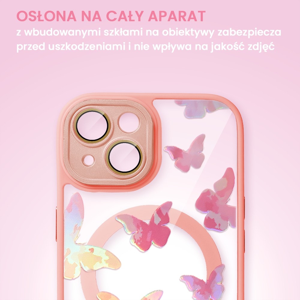 etui do iphone magsafe hybrid color cienkie z kolorową ramką i ochroną aparatu, opalizujący nadruk motylki, piaskowy róż