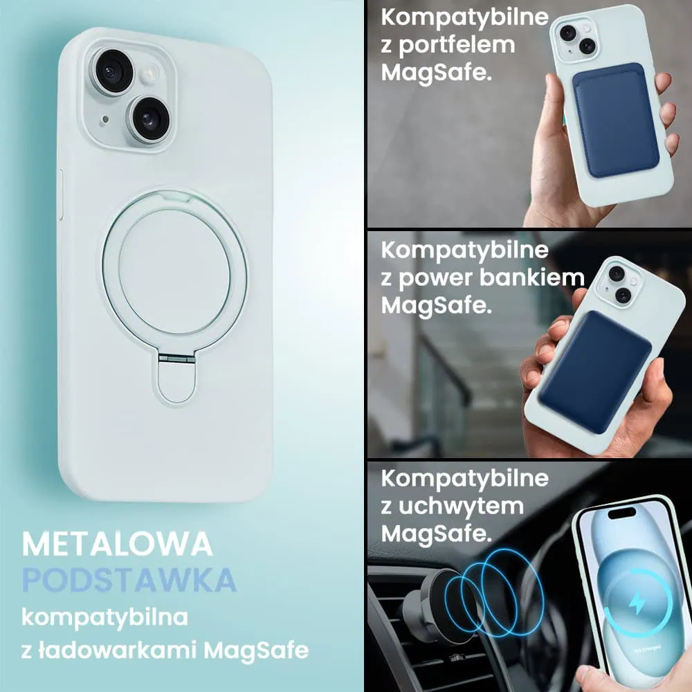 etui do iphone 15 soft silicone magsafe stand z podstawką, błękitne