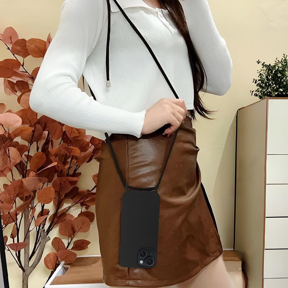 etui do iphone 15 wzmacniane crossbody z czarną smyczą jak torebka, czarne