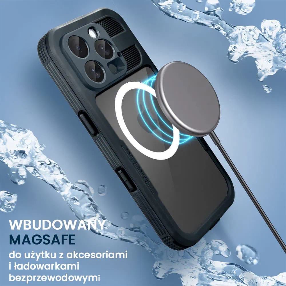 etui do iphone 16 pro max total protect z magsafe, wodoodporne, metalowe, przeźroczyste, czarne