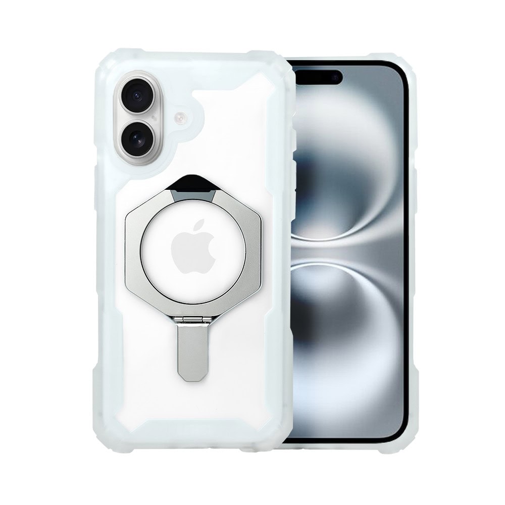 iPhone z białym etui ochronnym i uchwytem.